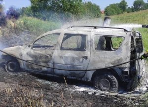 Na zdjęciu widoczny doszczętnie spalony samochód marki Dacia.