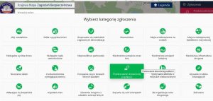 Na ekranie telefonu widoczne kategorie zgłoszeń w ramach Krajowej Mapy Zagrożeń Bezpieczeństwa.