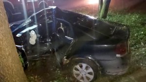 Rozbity samochód, który uderzył w drzewo.