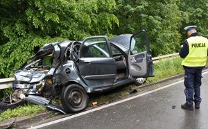 Po lewej stronie drogi stoi rozbity samochód osobowy. Po prawej na drodze tyłem stoi policjant drogówki wykonujący swoje czynności związane z wypadkiem.