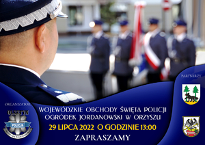 Plakat zapraszający do Orzysza na Wojewódzkie Obchody Święta Policji.