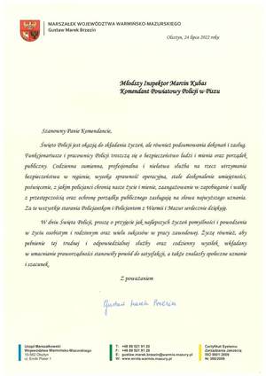 Nadesłane życzenia z okazji Święta Policji od Marszałka Województwa Warmińsko - Mazurskiego.