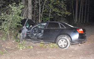Noc w lesie. Po lewej drzewo, w które uderzył ciemny samochód. Auto jest rozbite.