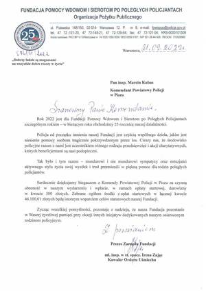 Pismo z podziękowaniem dla Komendanta Powiatowego Policji w Piszu za udział w biegu charytatywnym.