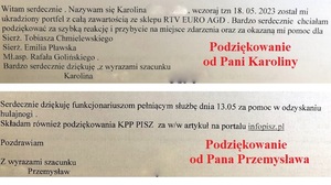 Kartka, na której wklejone są dwa podziękowania.