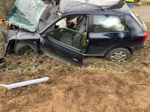 Rozbity samochód, który uderzył w drzewo