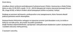 Treść przesłanego podziękowania